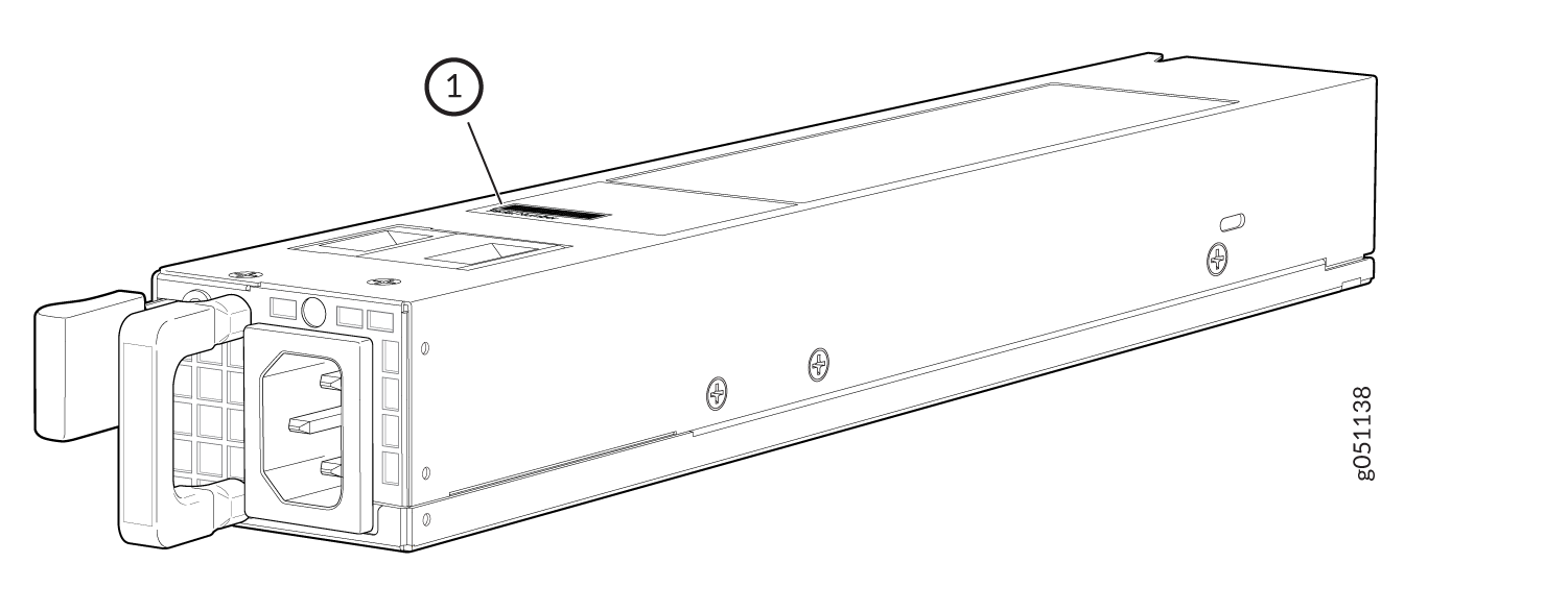Line drawing of a power supply unit for servers with handle, power connector, and label area marked 1.