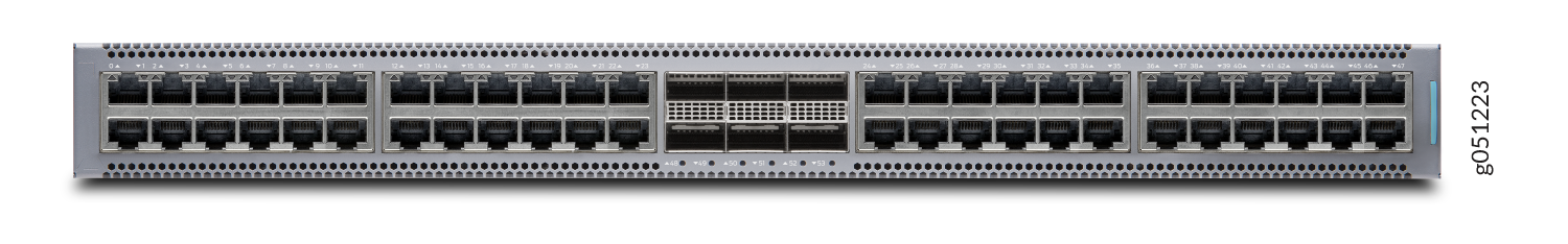 Network switch with multiple Ethernet ports and high-speed ports for fiber optic or uplink connections, used in enterprise environments.