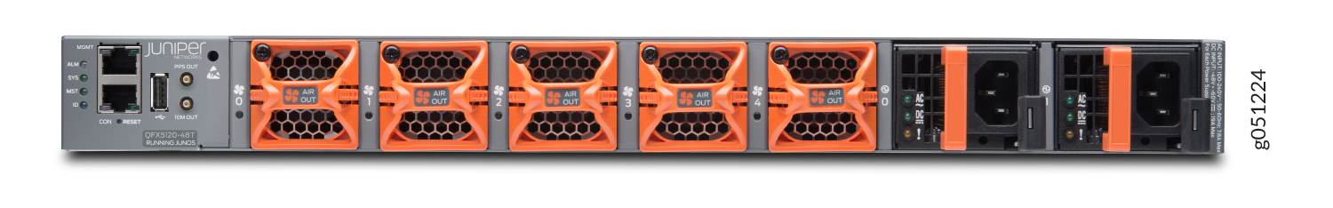 Rear view of Juniper Networks QFX5120-48T switch showing management ports, orange fan modules, black power supply units, and running Junos.