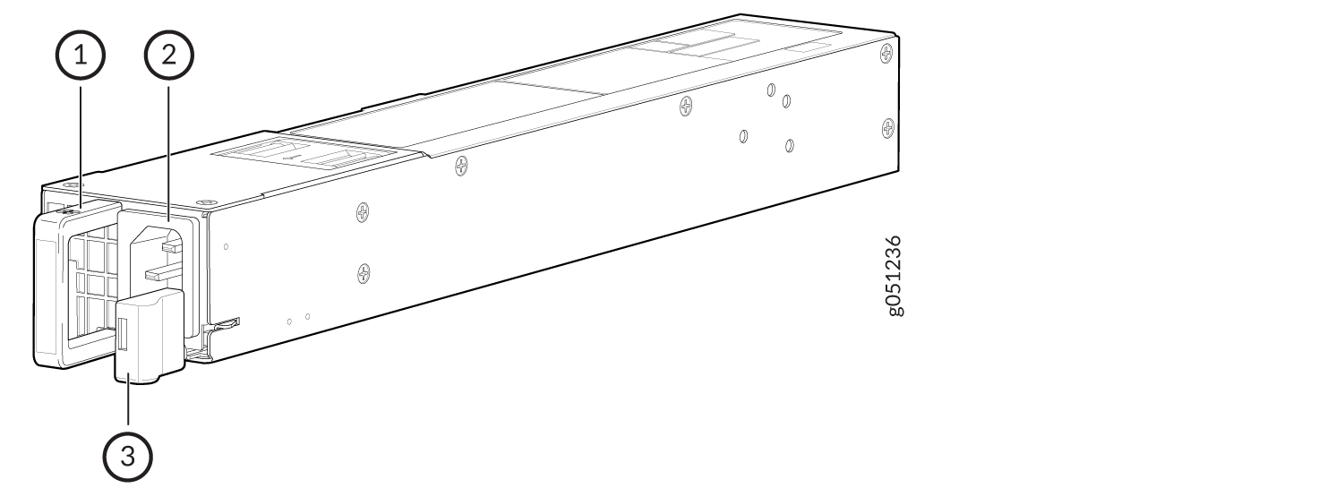 Technical illustration of a rectangular electronic component with labeled parts: connector, locking mechanism, and handle.