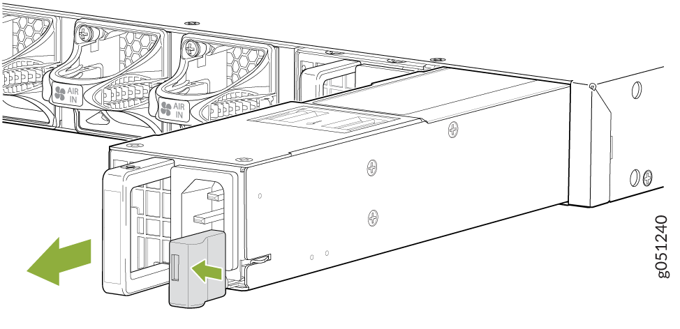 Removing a power supply unit from a server with arrows indicating pull direction and fans labeled AIR IN.