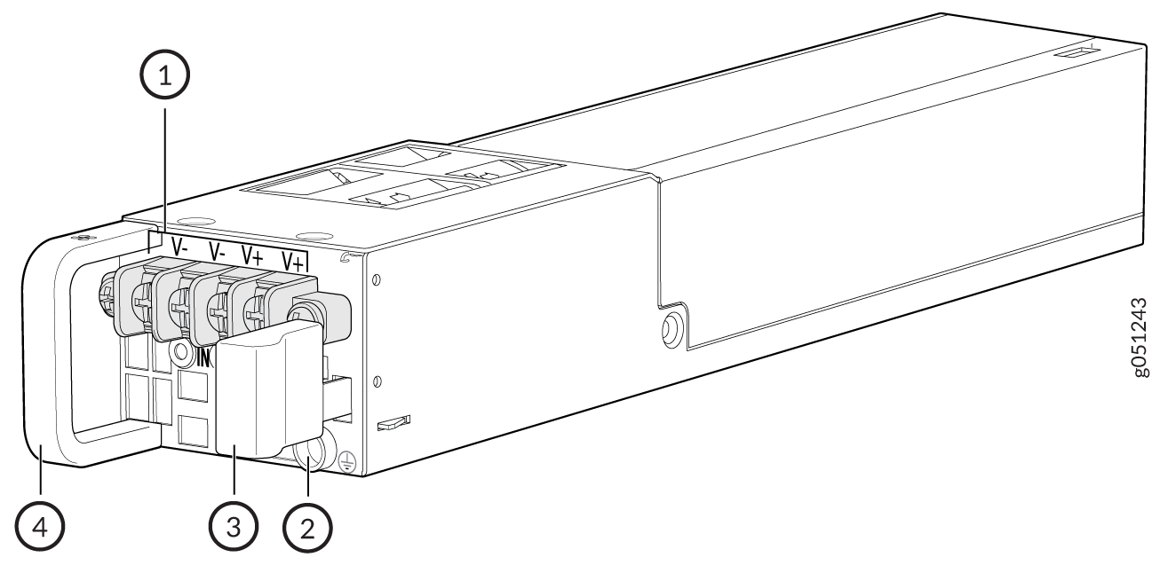 Technical illustration of a 48V DC power supply unit with labeled components: connector, latch, handle, V- and V+ terminals.
