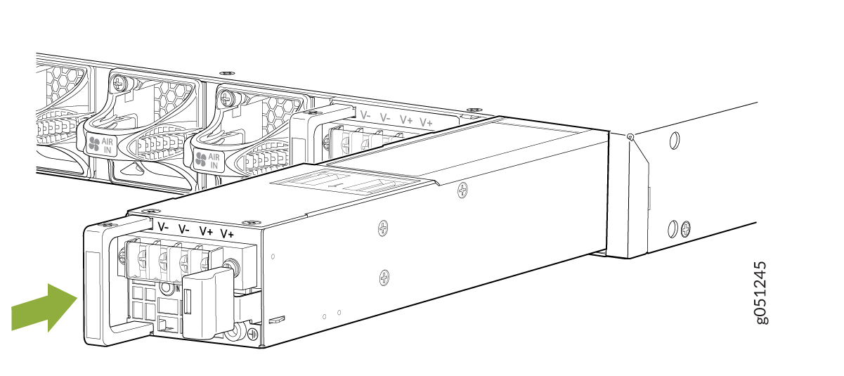 Power supply unit with V- and V+ connectors being inserted into server with green arrow indicating direction.