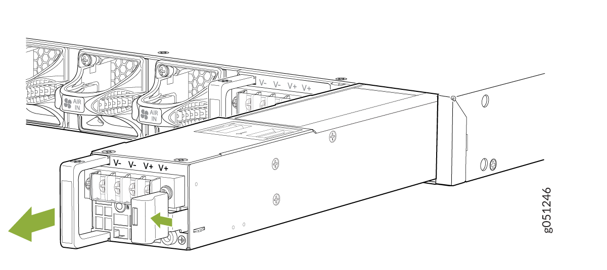Removing a modular power supply unit from a server with connectors labeled V- and V+ and green arrows indicating direction.