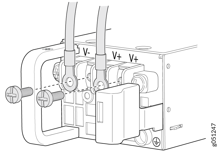 Technical illustration of electrical connection setup with terminal block labeled V-, V+, V+ and two wires connected to V+ and V- terminals.