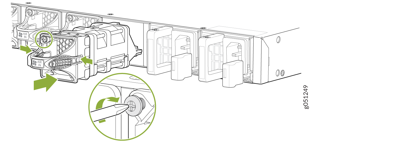 Technical illustration showing removal or installation of a computer module with honeycomb pattern labeled AIR IN. Arrows indicate process.