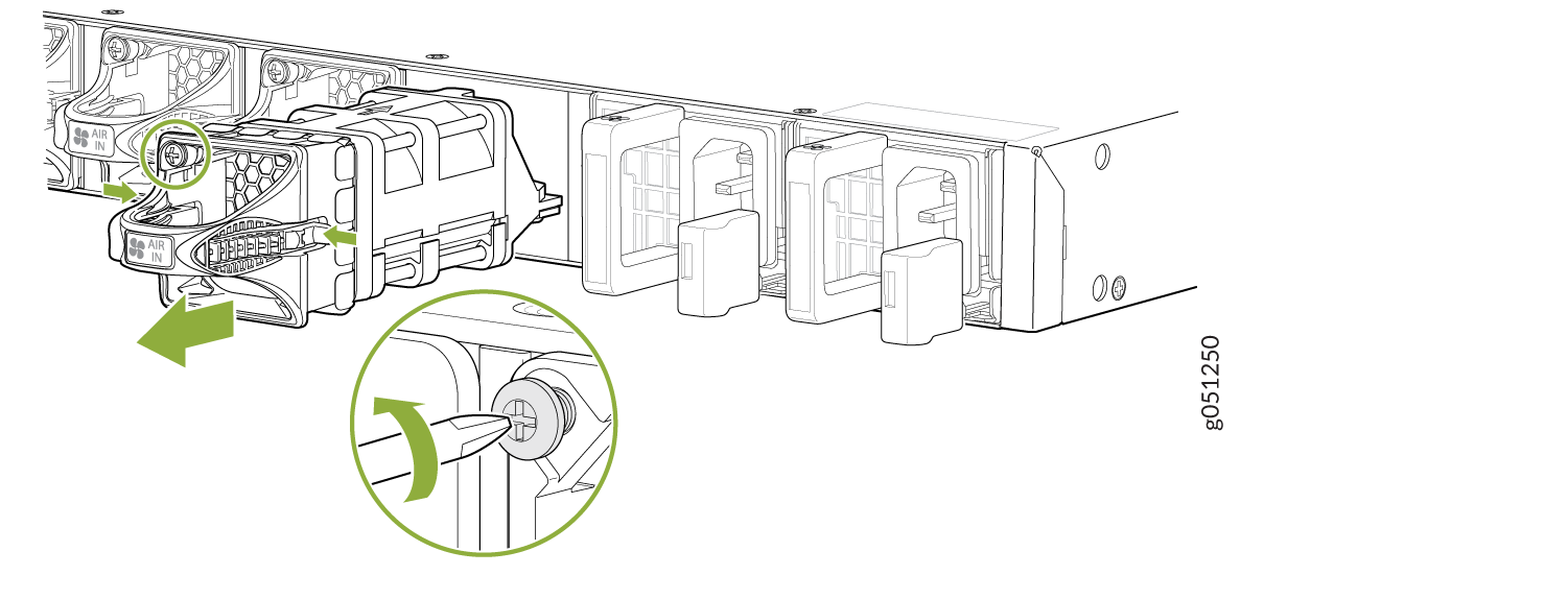 Technical illustration showing removal or installation of a power supply unit labeled AIR IN with honeycomb ventilation. Arrows indicate direction. Close-up inset displays tool turning a screw or latch mechanism.