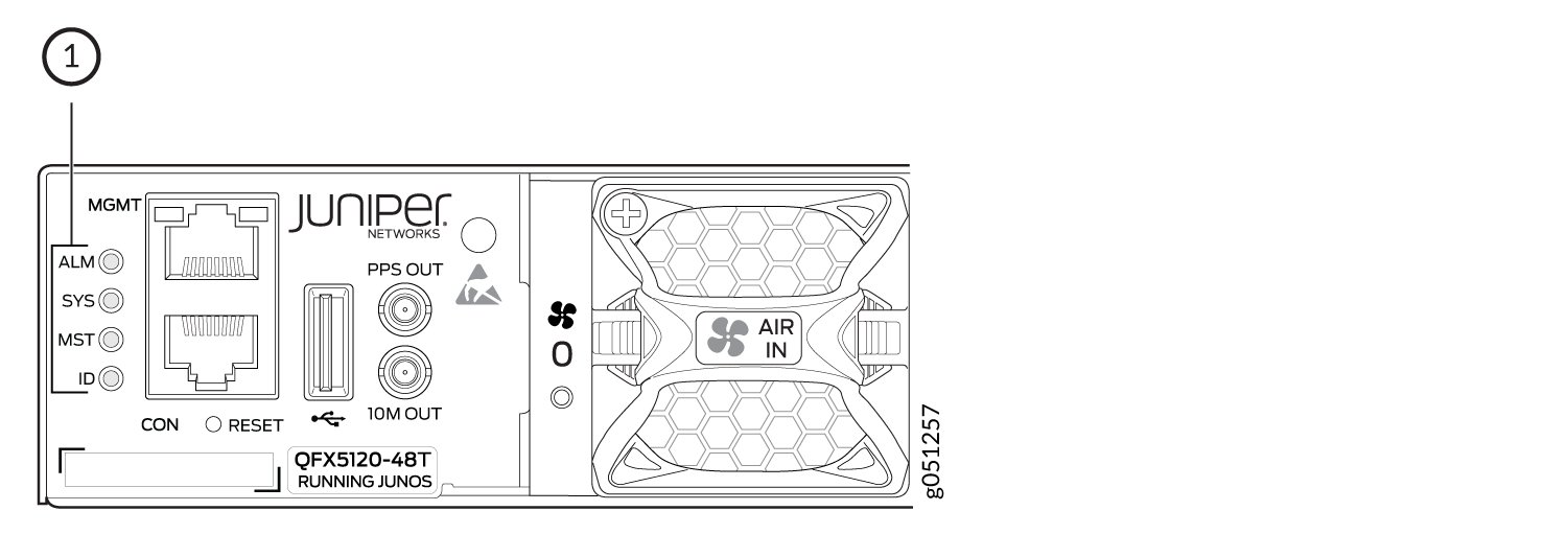 Rear panel of Juniper Networks QFX5120-48T switch with various ports, LEDs, fan airflow direction, and running Junos OS.