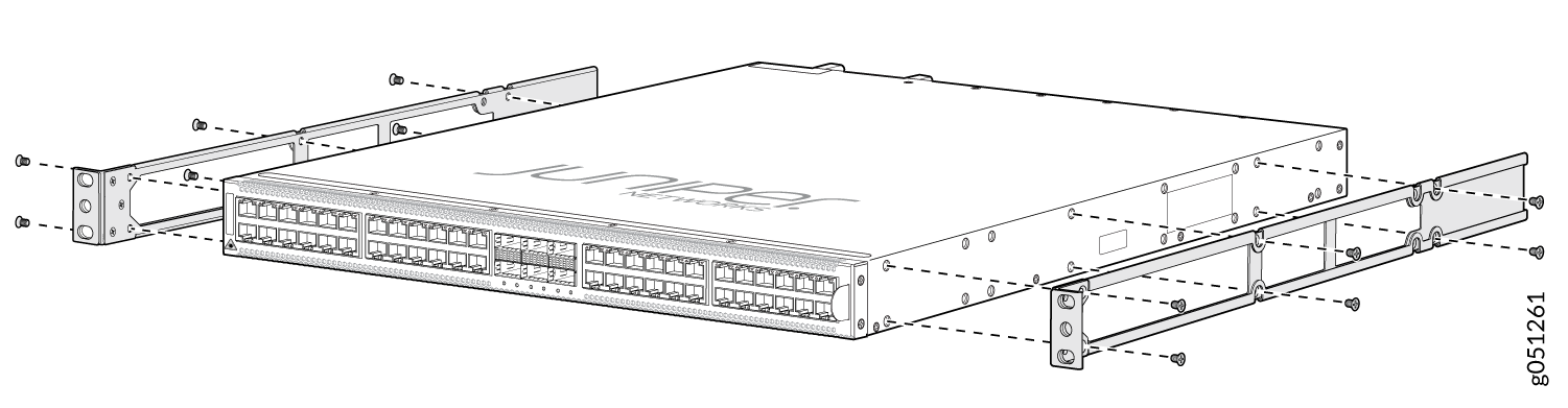 Juniper Networks switch being installed in a server rack with rack-mounting brackets and screws.
