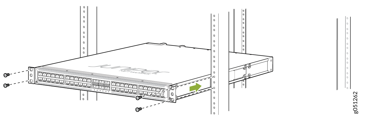 Juniper Networks switch installation in server rack with screws and arrows showing directions. Front panel ports visible.