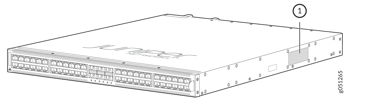 Diagram of a Juniper Networks switch showing front and side view with multiple network ports and a highlighted feature on the side.