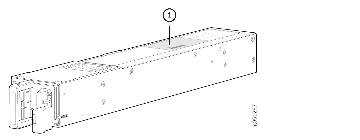 Technical drawing of a rectangular electronic component with a connector on one end and screws on the sides. Label 1 indicates a top surface feature.