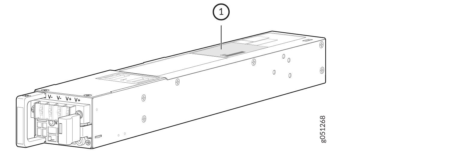 Technical illustration of a power supply unit with labeled connectors V- and V+ for voltage, marked with number 1 for identification.