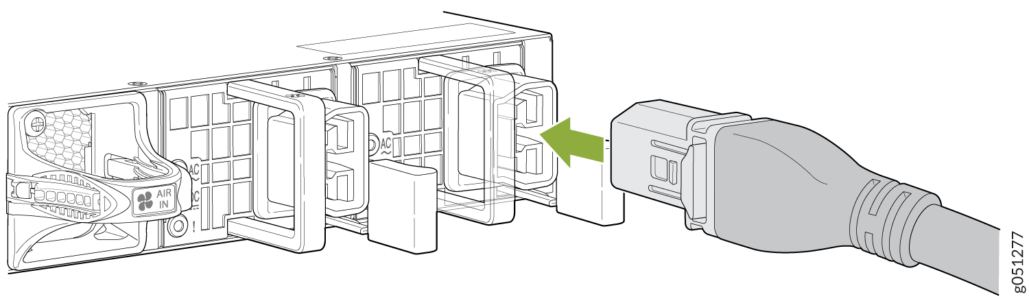 Power cable plugging into power supply unit's AC input with green arrow indicating connection. Airflow label reads AIR IN.