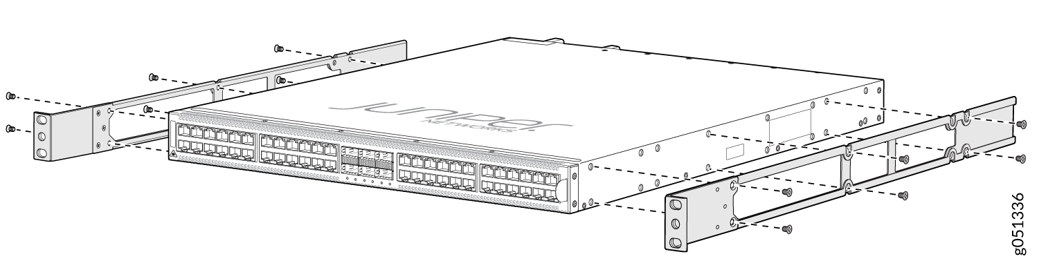 Juniper Networks rack-mountable switch installation with mounting brackets, rails, and screws for server rack assembly.