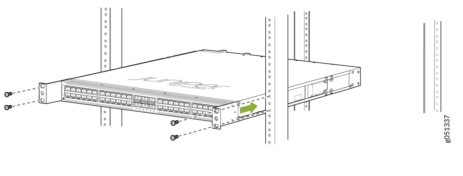 Juniper Networks device being installed into a rack with rack ears and screws; green arrow indicates installation step.