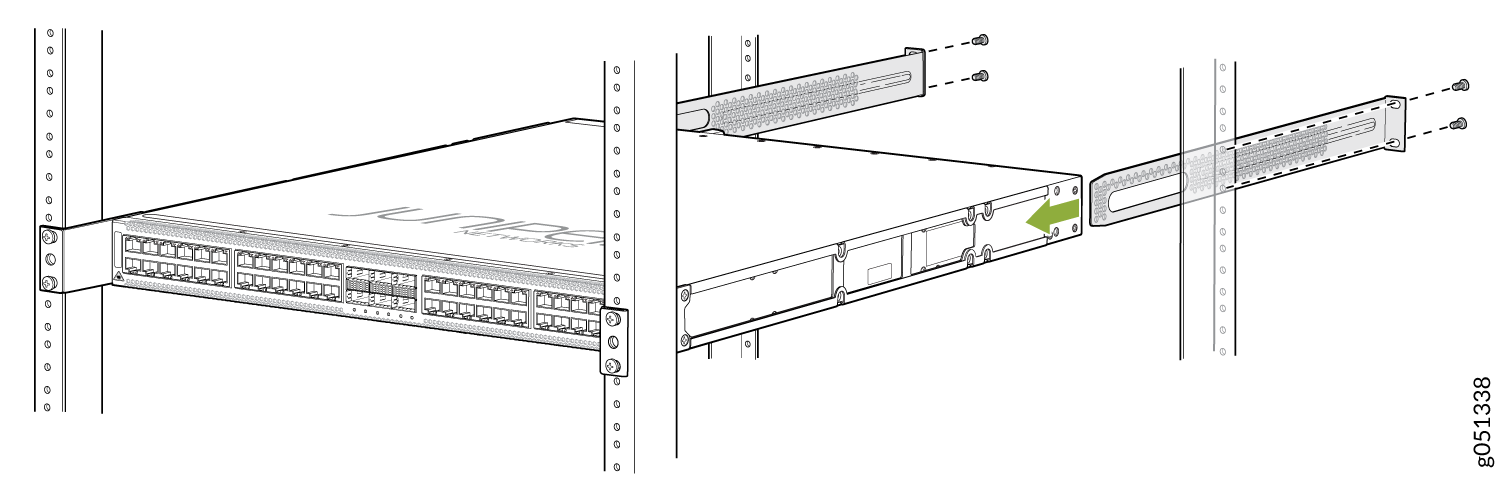 Installing a Juniper Networks device into a server rack using brackets and screws with a green arrow showing insertion direction.