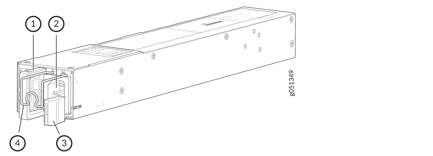 Technical illustration of a power supply unit for a server with numbered labels indicating parts like connectors and indicators.