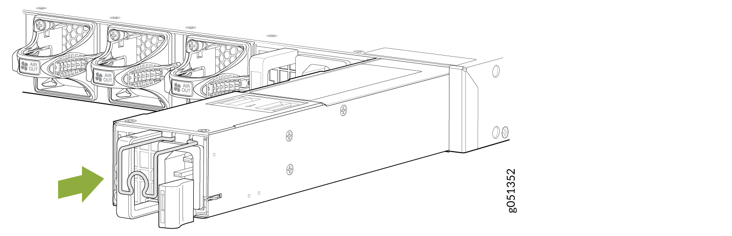 Removing power supply unit from server with arrow indicating direction. Cooling fans labeled AIR OUT visible.