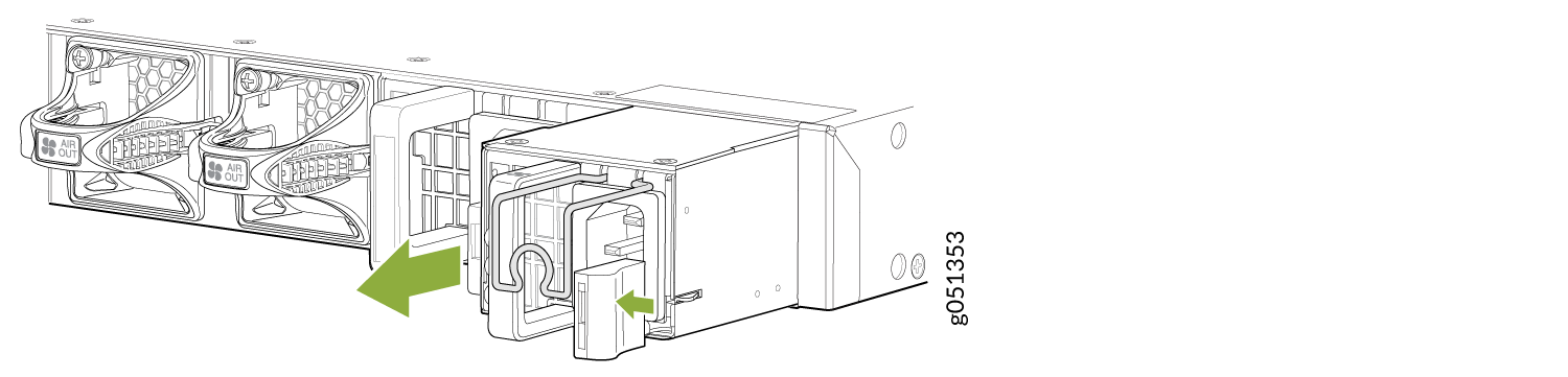 Illustration of a server part with cooling fans labeled AIR OUT and a power supply unit being inserted or removed with green arrows indicating movement direction.