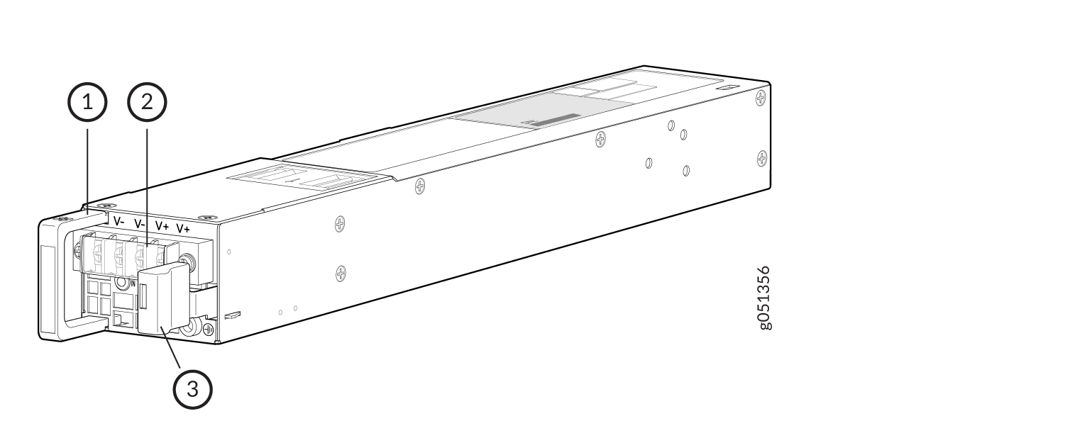 Technical diagram of a power supply unit with labeled parts: handle for insertion/removal, terminals labeled V- and V+ for voltage connections, and a latch for securing.