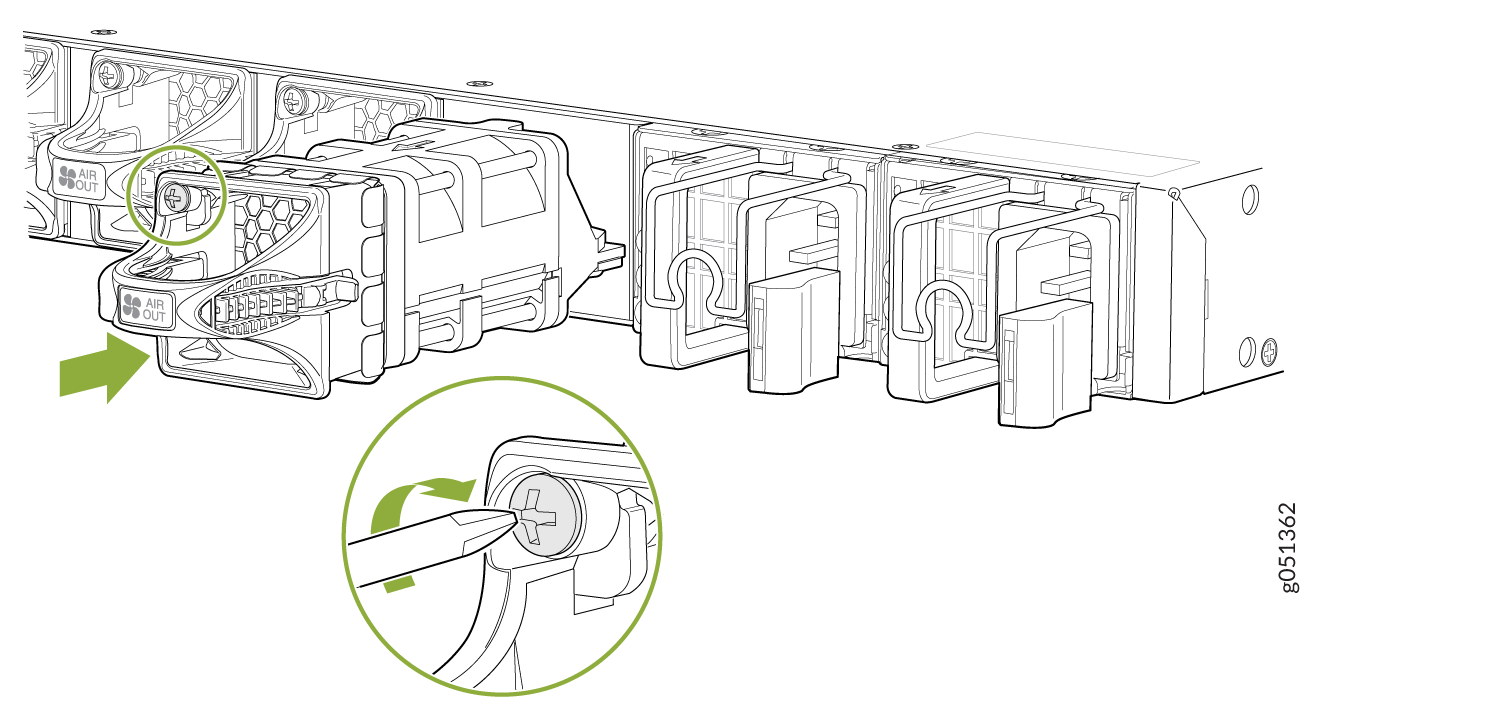 Removing a power supply unit labeled AIR OUT from a server by unscrewing with a screwdriver; arrows show removal direction.
