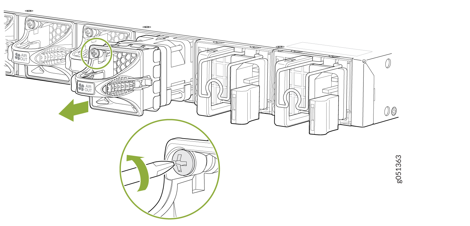 Technical illustration showing modular hardware components with a focus on a part labeled AIR OUT. Inset detail shows adjusting a screw with a tool.