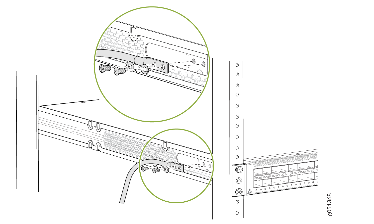 Connect a Grounding Cable to the Protective Earthing Terminal in the Front of the Left Panel on the QFX5120-48YM Mounted on Four Posts