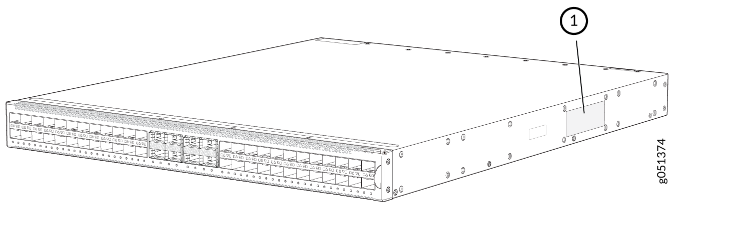 Line drawing of a network switch with multiple ports; number 1 highlights a specific feature; text g051374 noted.