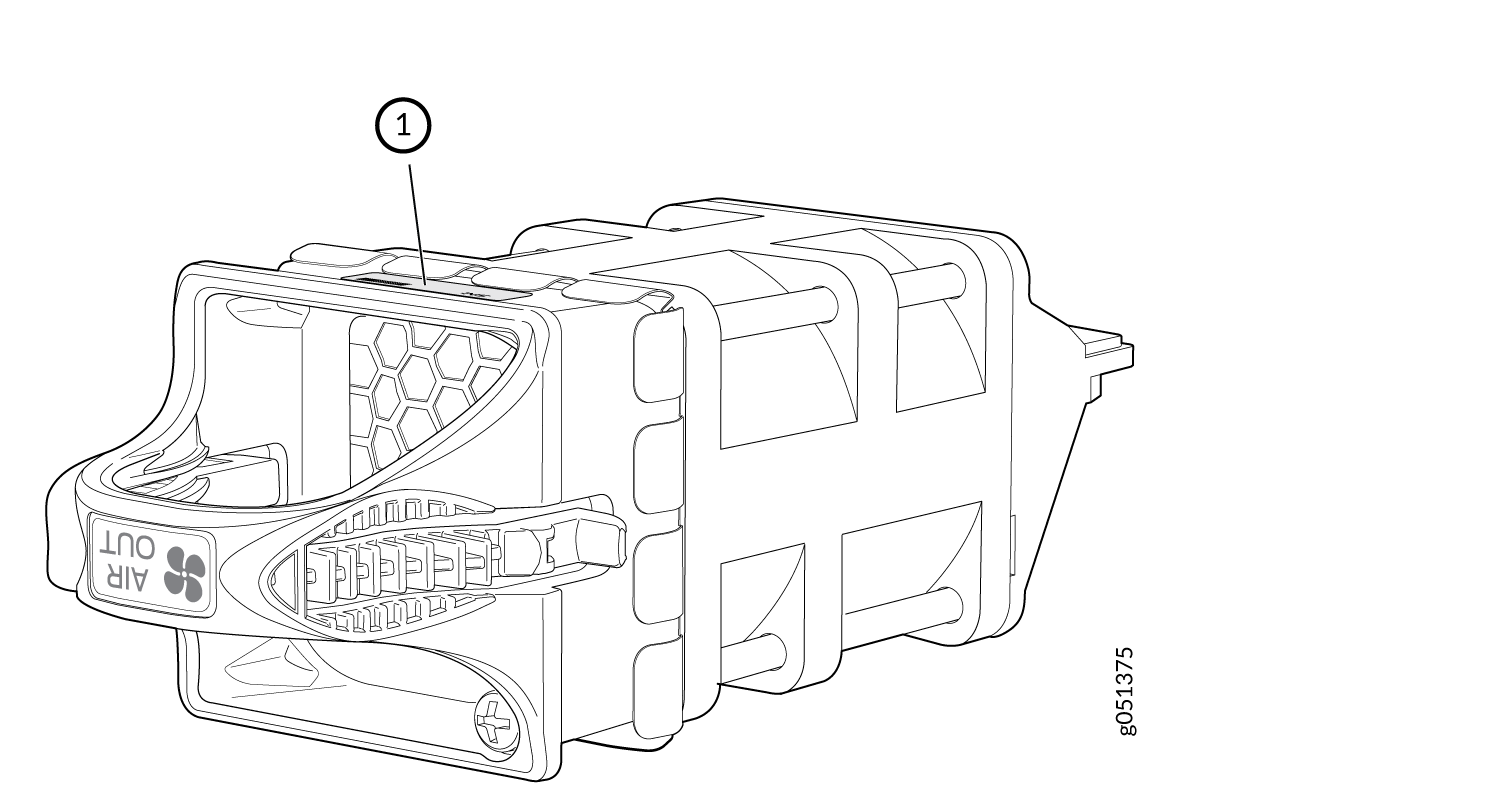 Technical illustration of vehicle air filter housing with honeycomb pattern marked AIR OUT and fan symbol. Includes latch mechanism and part number g051375.