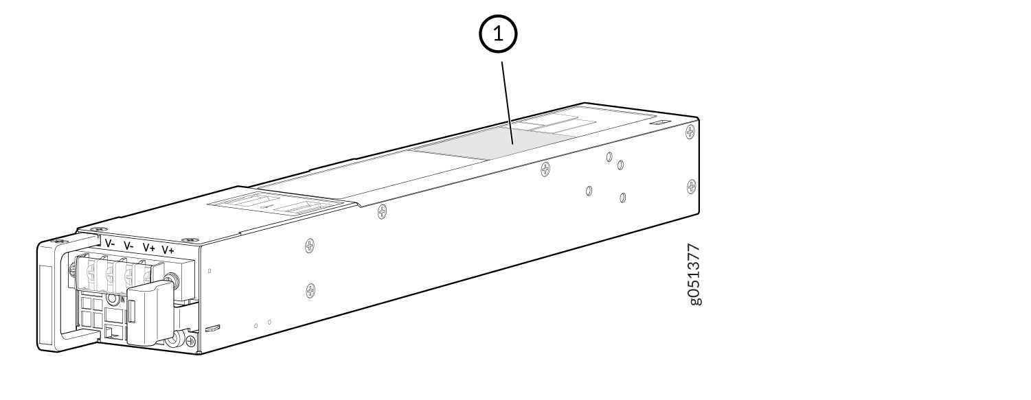 Technical drawing of a rectangular power supply module with V- and V+ connectors and a label marked 1.