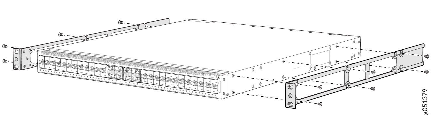 Rack-mounted network switch front panel with multiple ports and side brackets for server rack mounting. Dashed lines show screw attachment points.
