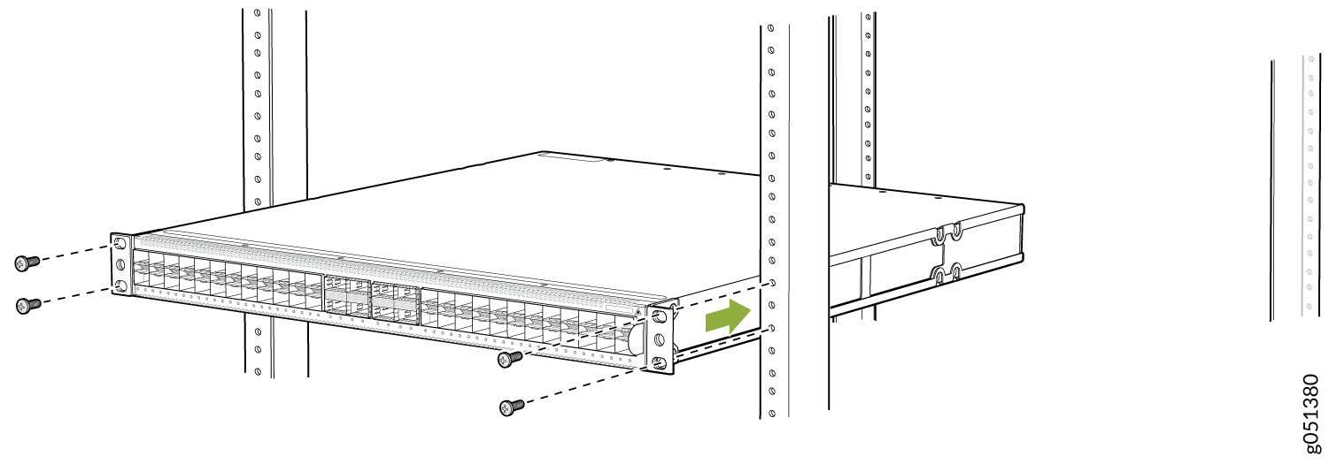 Rack-mounted network switch being secured with screws into server rack's vertical rails. Green arrow shows insertion direction.