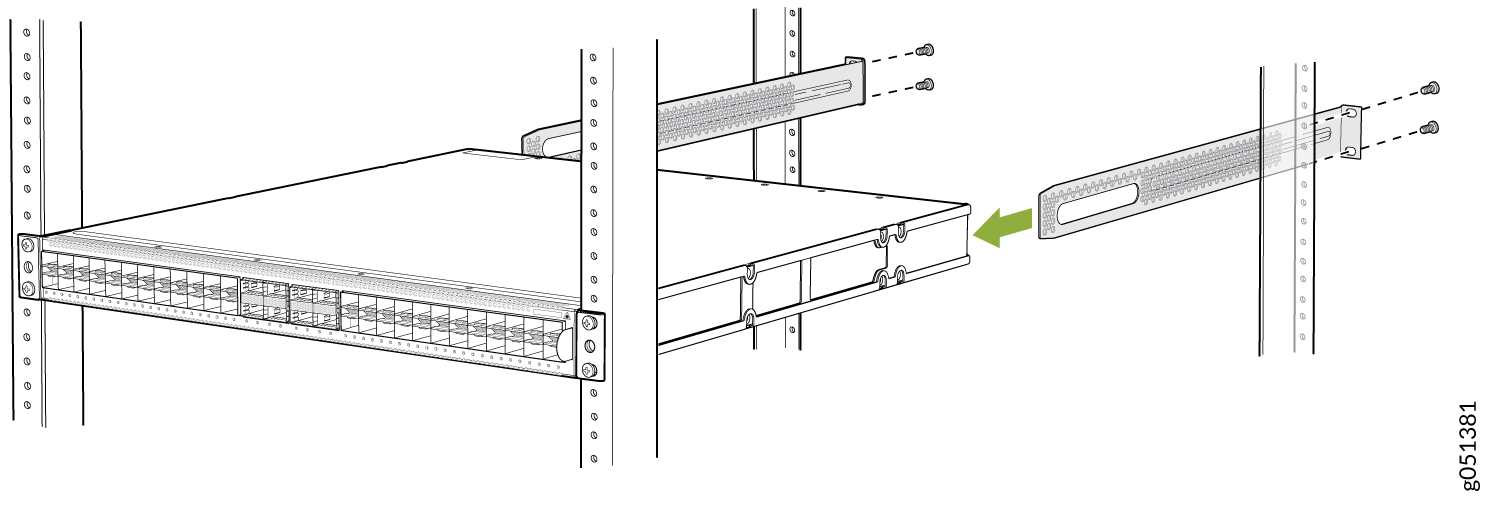 Installing a rack-mounted device into a server rack using rails and screws with an arrow indicating assembly direction.