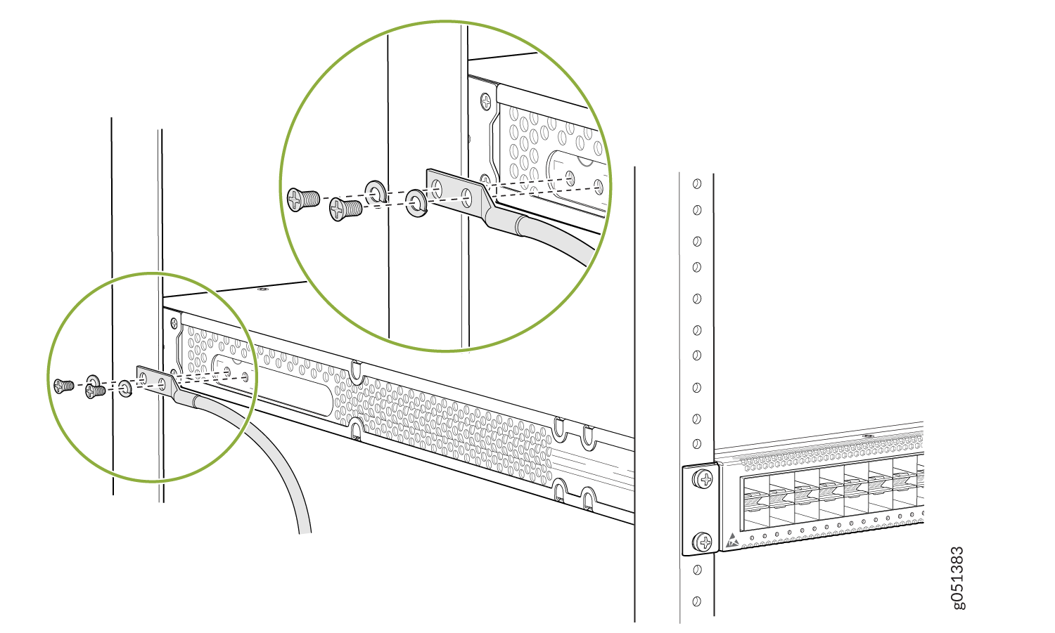 Connect a Grounding Cable to the Protective Earthing Terminal in the Rear of the Left Panel on the QFX5120-48YM Mounted on Four Posts