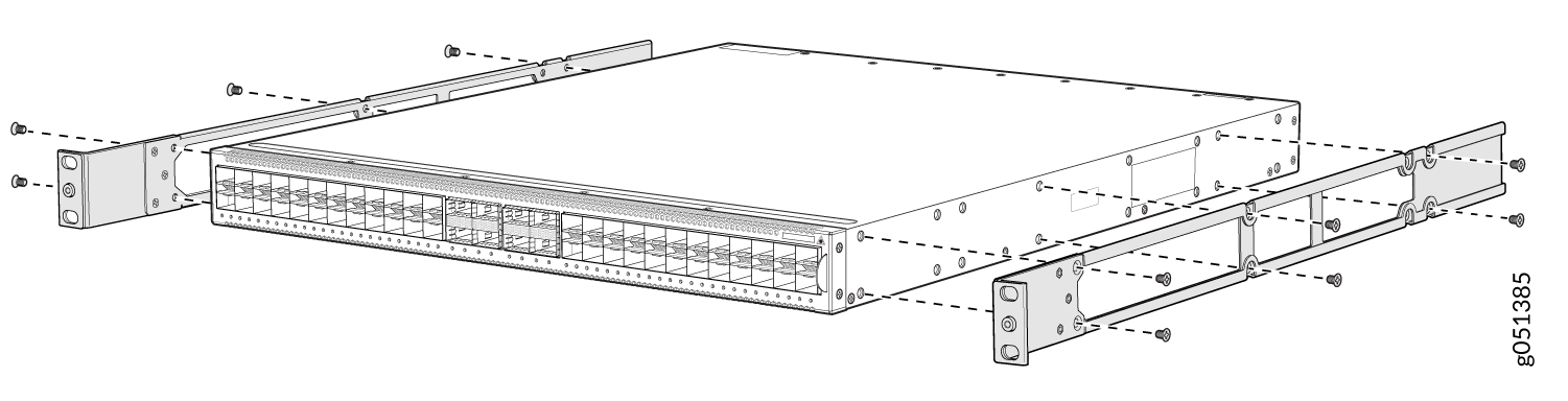 Rack-mounted network switch installation with front panel ports and side rails being attached to the rack using screws.