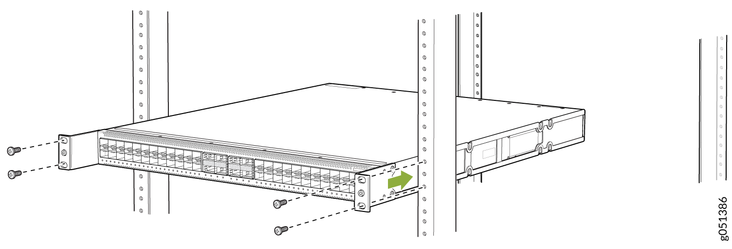 Installing a network switch into a server rack with screws and front panel ports for network connections.