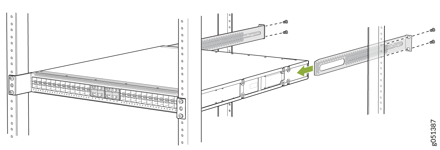 Installing a rack-mounted server with sliding rails into a server rack, guided by a green arrow.
