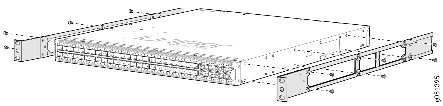Juniper Networks switch with rack-mounting brackets and rails attached, ready for server rack installation.