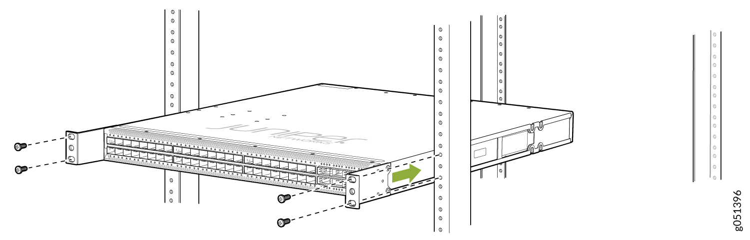 Juniper Networks hardware unit being installed in a 19-inch rack with green arrow indicating alignment direction.