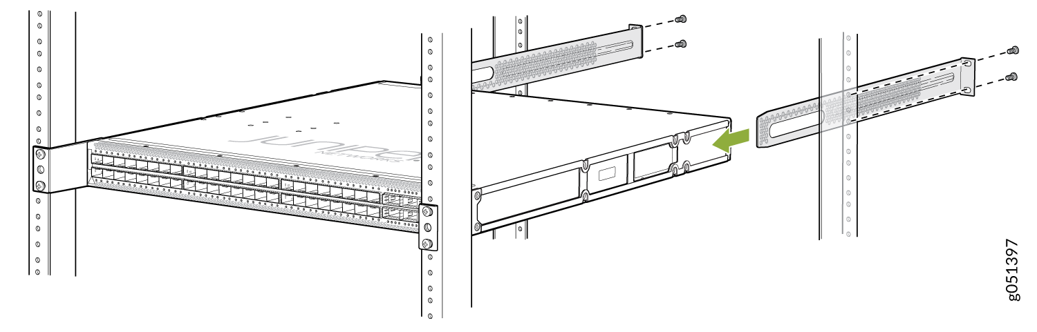 Juniper network device being installed in a rack with brackets and screws; green arrow indicates bracket alignment.