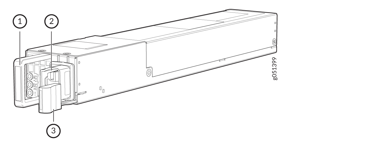 Technical drawing of a rectangular power supply unit with front connectors, a handle for removal, and a locking mechanism.