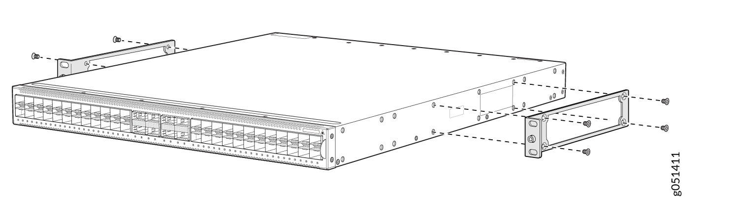 Rack-mounted network switch with brackets being attached for securing into a 19-inch equipment rack.