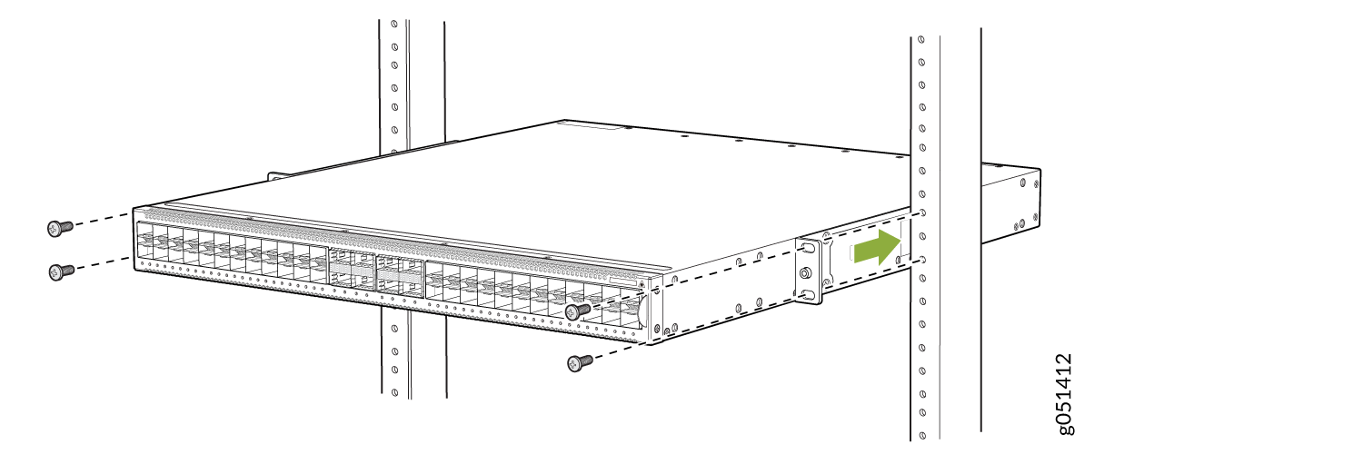 Network switch being installed into a rack with screws; green arrow indicates sliding direction.