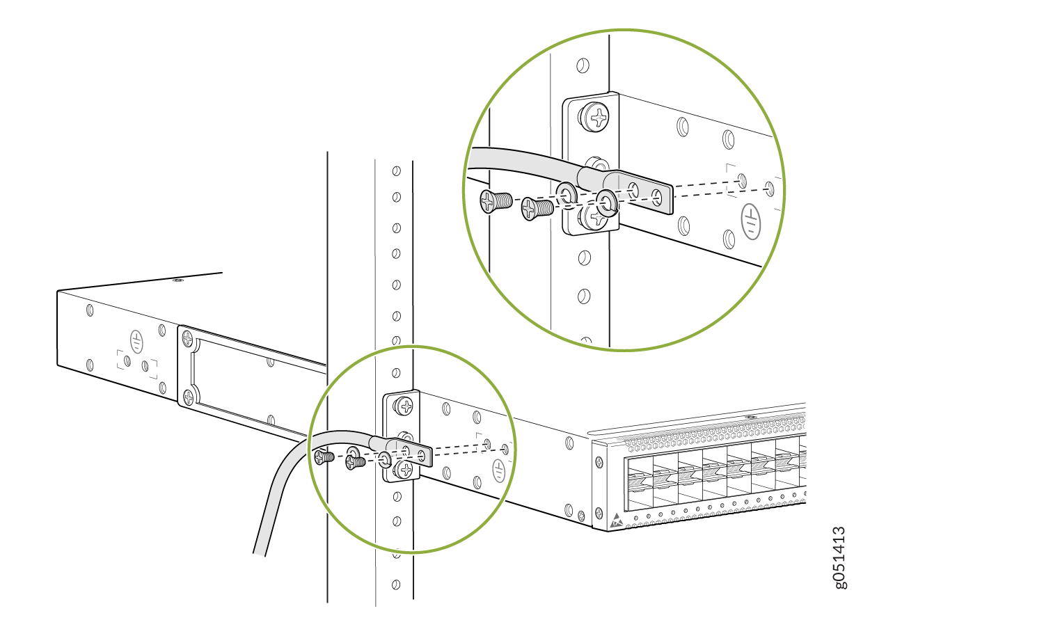 Connect a Grounding Cable to the Protective Earthing Terminal in the Front of the Left Panel on the QFX5120-48YM Mounted on Two Posts