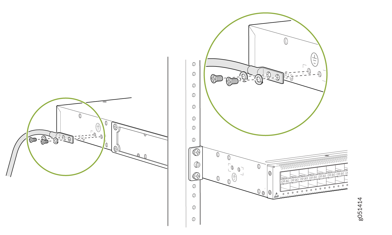 Connect a Grounding Cable to the Protective Earthing Terminal in the Rear of the Left Panel on the QFX5120-48YM Mounted on Two Posts