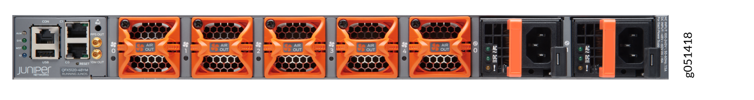 Rear view of a Juniper Networks QFX5120-48YM switch with orange fan modules, black power supply units, Ethernet ports, and a USB port.
