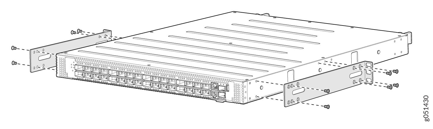 Network switch with multiple ports having rack-mounting brackets attached to its sides for rack installation.