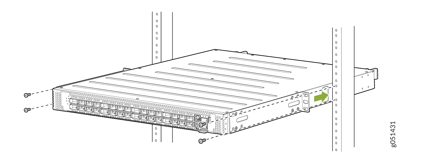 1U network switch being installed into rack with screws and green arrow indicating sliding direction.