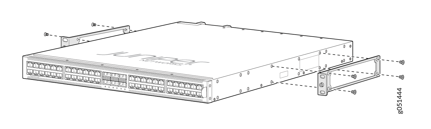 Juniper Networks switch with rack-mount brackets attached for 19-inch rack installation, showing screws and bracket placement.
